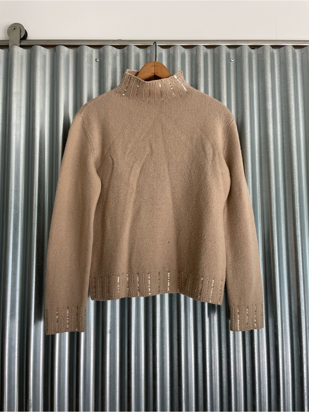 Vintage Les Copains Beige Turtleneck Sweater with Bead Trim